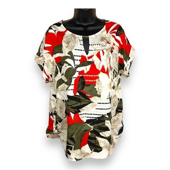 MEDIUM CALVIN KLEIN TROPICAL PRINT SHORT SLEEVE BLOUSE BEIGE RED GREEN LEAF - Picture 1 of 12